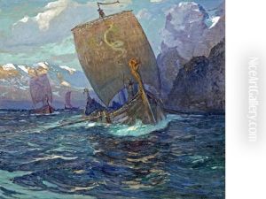 Vikings In The Glow Of The Midnight Sun by William Frederick Ritschel