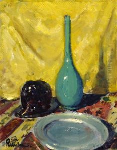 Still Life, Green Bud Vase, Plate And Eggplant On A Patterned Cloth by William Frederick Ritschel