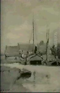At The Pier/a River View by William Frederick Ritschel