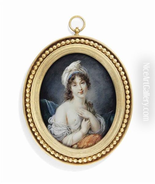 Elisaveta Alexandrovna Demidova (1779-1818), In White Shift, Worn Loose Around Her Shoulders Revealing Her Right Breast, Her Hands To Her Chest, Blue-bordered White Scarf Over Her Curling Hair - view 1