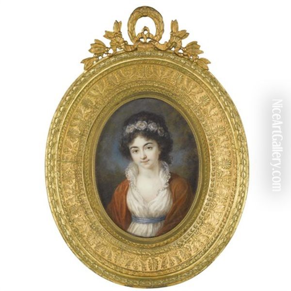 Portrait Of A Lady In A White Dress With Blue Sash And A Rust-colored Shawl, A Garland Of Pink Roses In Her Hair - view 1