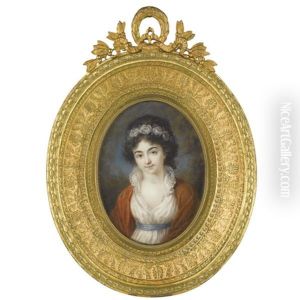 Portrait Of A Lady In A White Dress With Blue Sash And A Rust-colored Shawl, A Garland Of Pink Roses In Her Hair Portrait Of A Lady In A White Dress With Blue Sash And A Rust-colored Shawl, A Garland Of Pink Roses In Her Hair