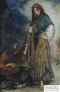 Two Gypsy Girls At A Fireplace by Caspar Ritter