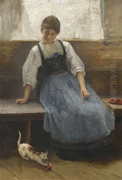 Sitzende Trachtenfrau Mit Katzchen - view 1