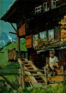 Junger Knabe Vor Einem Holzchalet Junger Knabe Vor Einem Holzchalet