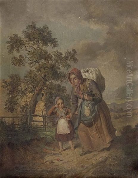 Mutter Und Weinende Tochter Auf Dem Langen Heimweg - view 1