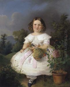 Portrait Eines Madchen Mit Blumenkorb Vor Einer Landschaft