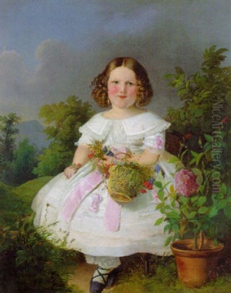 Kleines Madchen Mit Einem Blumenkorb Vor Waldlandschaft - view 1