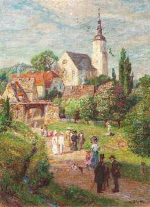 Der Spaziergang. Sonntagsgesellschaft Auf Den Sommerlichen Feldern Vor Einem Sachsischen Dorf Der Spaziergang. Sonntagsgesellschaft Auf Den Sommerlichen Feldern Vor Einem Sachsischen Dorf