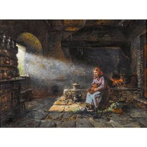 Kucheninterieur Mit Frau Beim Brotschneiden by Raphael Ritz