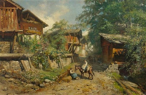 Zwei Madchen Mit Esel In Saviese - view 1
