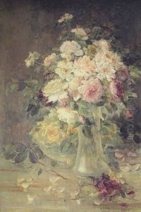 A Still Life Of Roses In A Glass Vase And Bowl On A Tabletop by Maria Louisa Riva Munoz