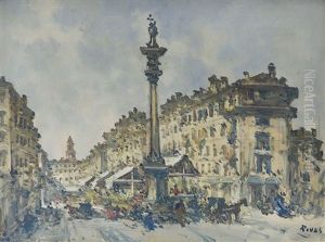 Vecchio Mercato Alla Colonna Del Verziere, Milano Olio Su Tela Cm 50x70, Firma In Basso A A Destra, Firma by Giuseppe Amadio Riva