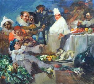 Pranzo In Maschera Il Rivaroli E Il Personaggio Seduto Al Tavolo A Destra by Giuseppe Rivaroli