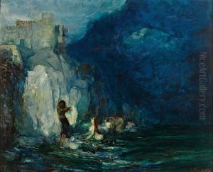 Faun Und Nymphen An Einer Steilkuste Mit Malerischer Burg by Giuseppe Rivaroli