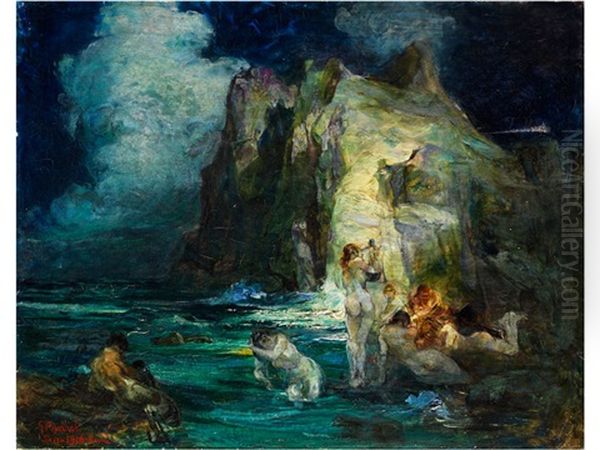 Symbolistisch-mythologische Szene Mit Darstellung Einer Lyra Spielenden Nymphe Zwischen Am Felsen Sowie In Einer Bucht Lagernden Figuren - view 1