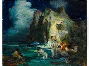 Symbolistisch-mythologische Szene Mit Darstellung Einer Lyra Spielenden Nymphe Zwischen Am Felsen Sowie In Einer Bucht Lagernden Figuren by Giuseppe Rivaroli