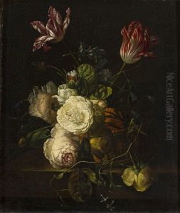 Florero Con Claveles, Rosas, Tulipanes Y Otras Flores Sobre Un Pedestal by Antonio Rivas