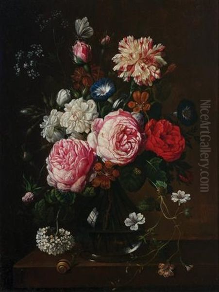 Still Life Of Roses, Carnations And Other Flowers On A Ledge - view 1