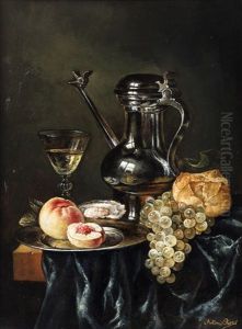 Still Life With Wine And A Peach by Antonio Rivas