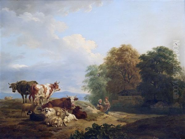Troupeau Au Repos Et Deux Femmes Conversant - view 1
