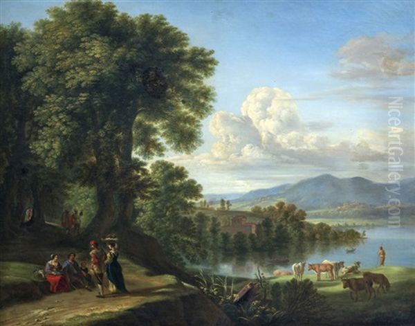 Paysage Compose, Par Une Matinee Nuageuse: Deux Couples De Paysans En Conversation Sur Un Chemin Courbe, Sous Un Grand Chene; Au Second Plan, Un Troupeau De Bovins Au Repos Au Bord D'un Lac Paisible; Au Loin, Une Ville - view 1