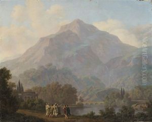 Site Compose Pris A Sallanches Par Une Matinee Vaporeuse Avec Un Petit Temple Au Bord De L'eau Et Des Druides Enseignant Des Jeunes Gens by Pierre Louis De La Rive