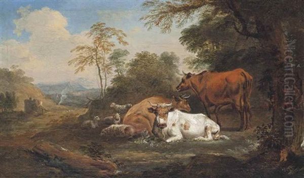A Wooded Landscape With Cattle And Sheep Resting - view 1