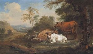 A Wooded Landscape With Cattle And Sheep Resting