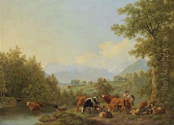 Pastorale Landschaft Mit Landsitz Eichberg Und Berner Alpen In Der Ferne - view 1