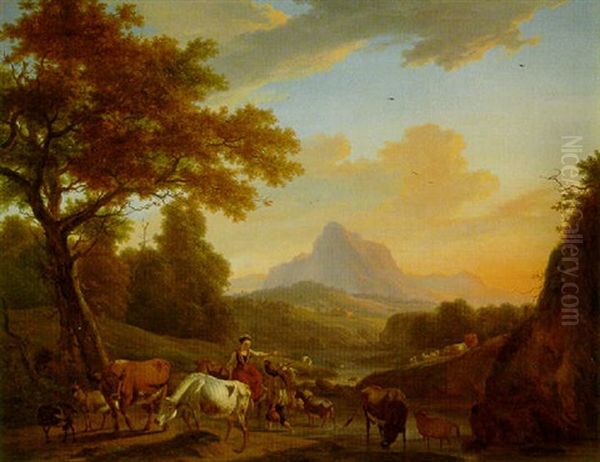 Italianate Landscape With Drovers, Cattle And Goats At A Ford - view 1