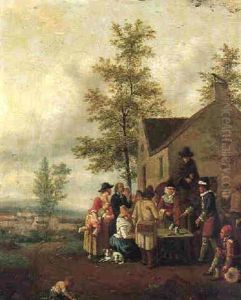 A Magician Performing To A Crowd Outside A Tavern