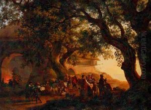 Halte Des Bohemiens Pres D'une Vieille Chaumiere Au Soleil Couchant
