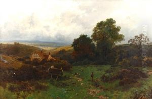 Country Landscape, With Figures Picking Brambles And Feeding Chickens by Leopold Rivers