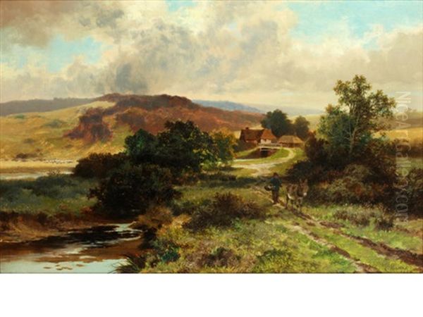 Traveller And A Donkey On A Track Before A Farm, In A Moorland Landscape - view 1