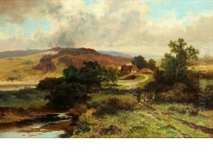 Traveller And A Donkey On A Track Before A Farm, In A Moorland Landscape by Leopold Rivers