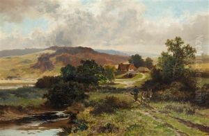 Traveller And A Donkey On A Track Before A Farm, In A Moorland Landscape