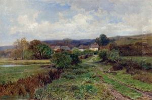 Young Girl With Man Chopping Wood In Field With Distant Village by Leopold Rivers