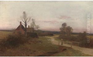 A Figure And Geese Before A Farmstead At Sunset by Leopold Rivers