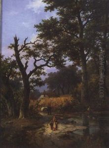 Figures On A Road In A Wooded Landscape by Leopold Rivers
