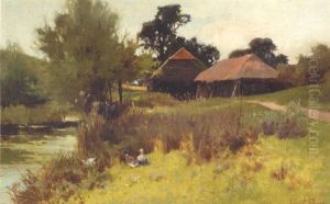 Ducks By A Pond With Farm Buildings Beyond by Leopold Rivers