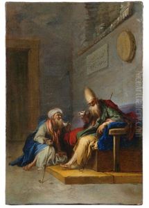 Imam Und Derwisch Im Gesprach. An Der Wand Eine Schrifttafel Mit Einem Spruch Des Sufismus