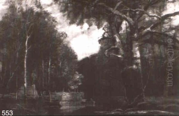 Forest River Scene With Flatboat And Figuers - view 1