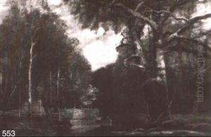 Forest River Scene With Flatboat And Figuers Forest River Scene With Flatboat And Figuers