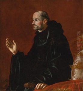 Portrait Of A Benedictine Monk, Half Length, Standing Beside A Throne And Mitre