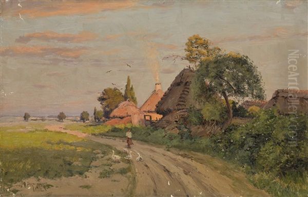Girl With Geese On A Village Road - view 1