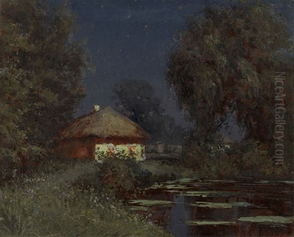 Ukrainian Hut Near A Pond At Night - view 1