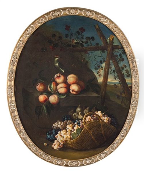 Natura Morta Con Cesto Di Vimini, Uva, Pesche E Cardellino - view 1