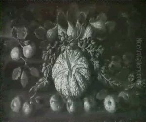A Melon, Apples, Figs, Grapes And Pears In A Landscape