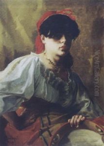 Jeune Orientale Au Foulard Rouge Et Au Tambourin by Alcide Theophile Robaudi